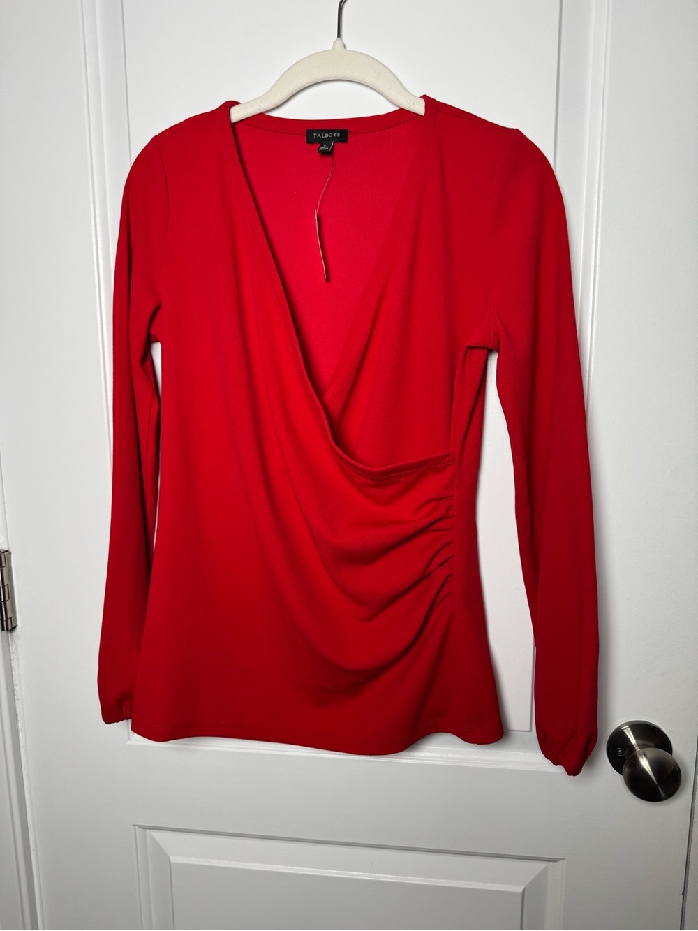 NWT Talbots Red Faux Wrap Ruched Long Sleeve Blouse Top Small